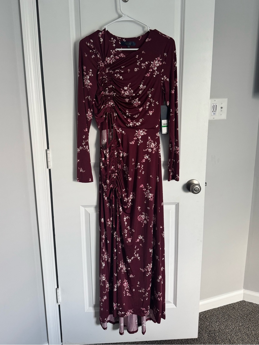 RACHEL Rachel Roy Burgundy Floral Ruched Long Sleeve Maxi Dress with Cutout